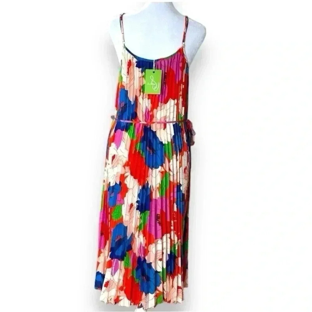 NWT Sam Edelman Pleated Floral Midi Dress Resort Vacation Colorful Sundress M - Picture 11 of 12